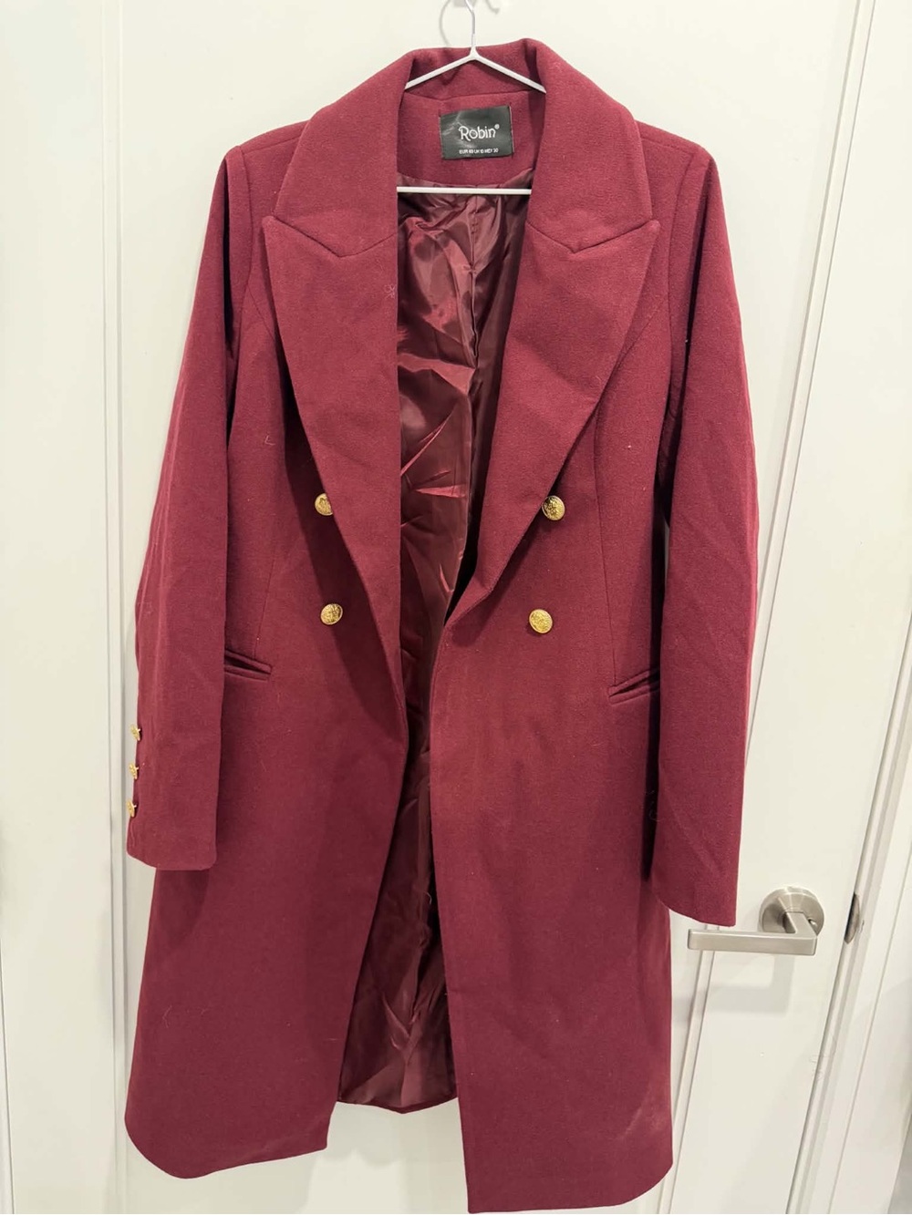 Double-Breasted Burgundy Wool Blend Coat